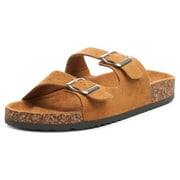 Alpine Swiss Womens Double Strap Contour Sandals Slip on Buckle Slides Vegan Leather Footbed Sandal Ergonomic Cork-Inspired Sole Summer Footwear