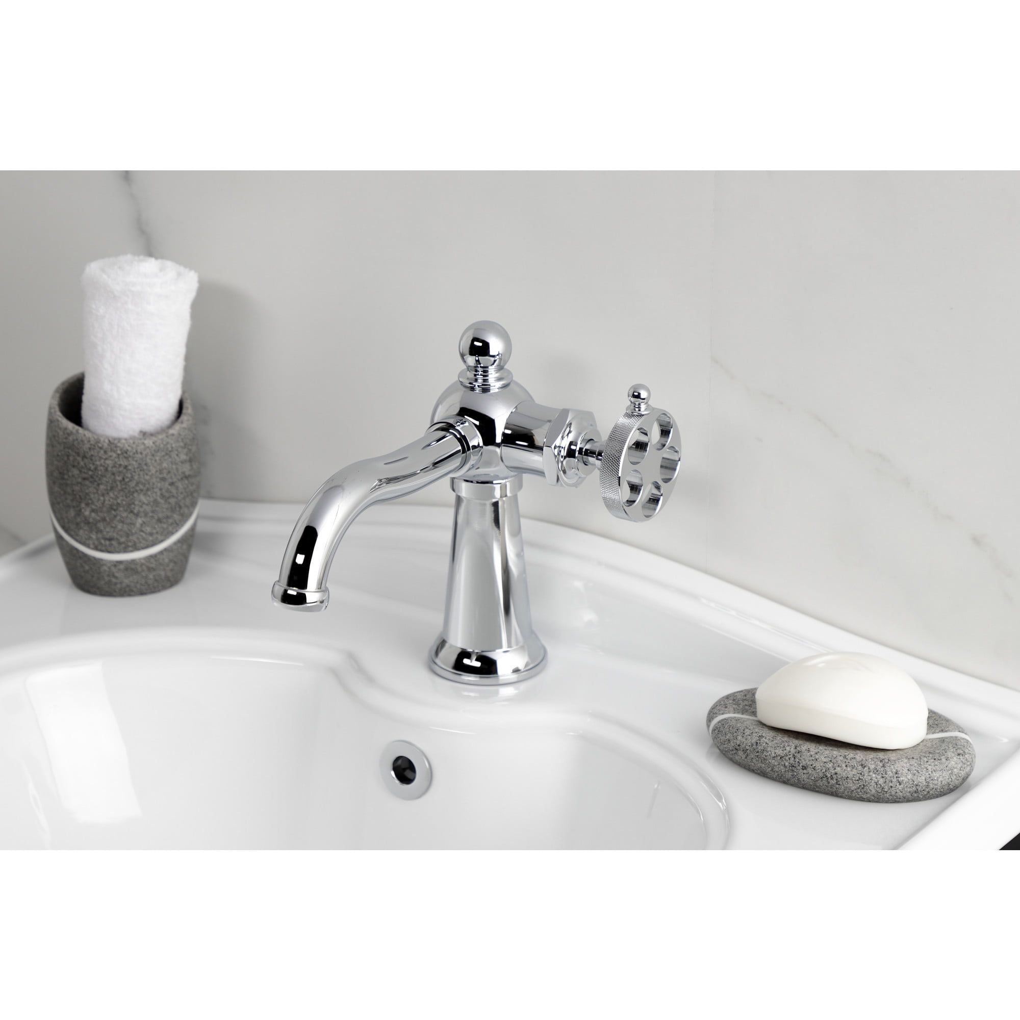 Kingston Brass KS3541RKZ Wendell One-Handle Single-Hole Bathroom Faucet with Knurled Handle and Push Pop-Up Drain, Polished Chrome