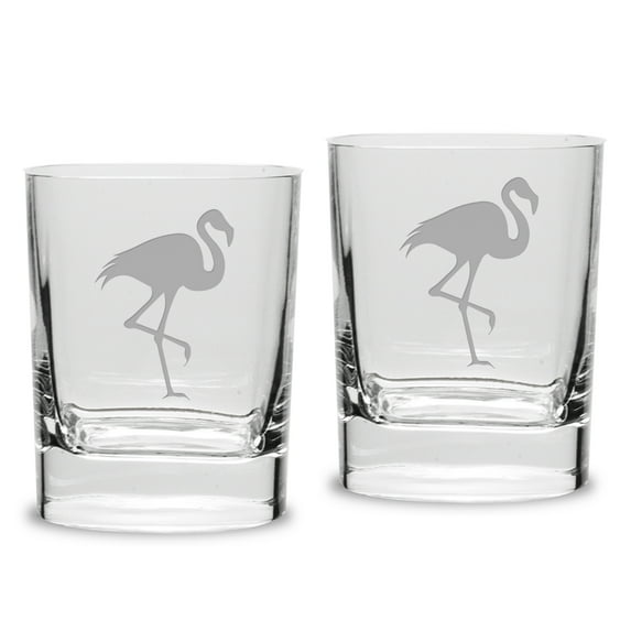 Flamingo Deep Etched Luigi Bormioli 11.75 oz Square Round Double Old Fashion Glass Set of 2