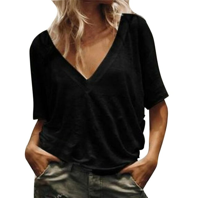 MPWEGNP T-Shirt Mode Décontracté à Manches Courtes Col en V Profond pour Femmes Noir m