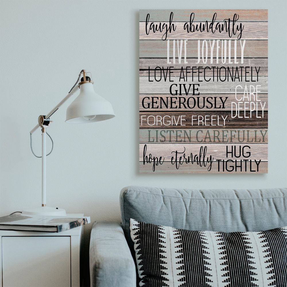 Stupell Industries Live Joyfully Phrases on Wood Grain Brown Tan Teal Canvas Wall Art Design by Kim Allen, 36" x 48"