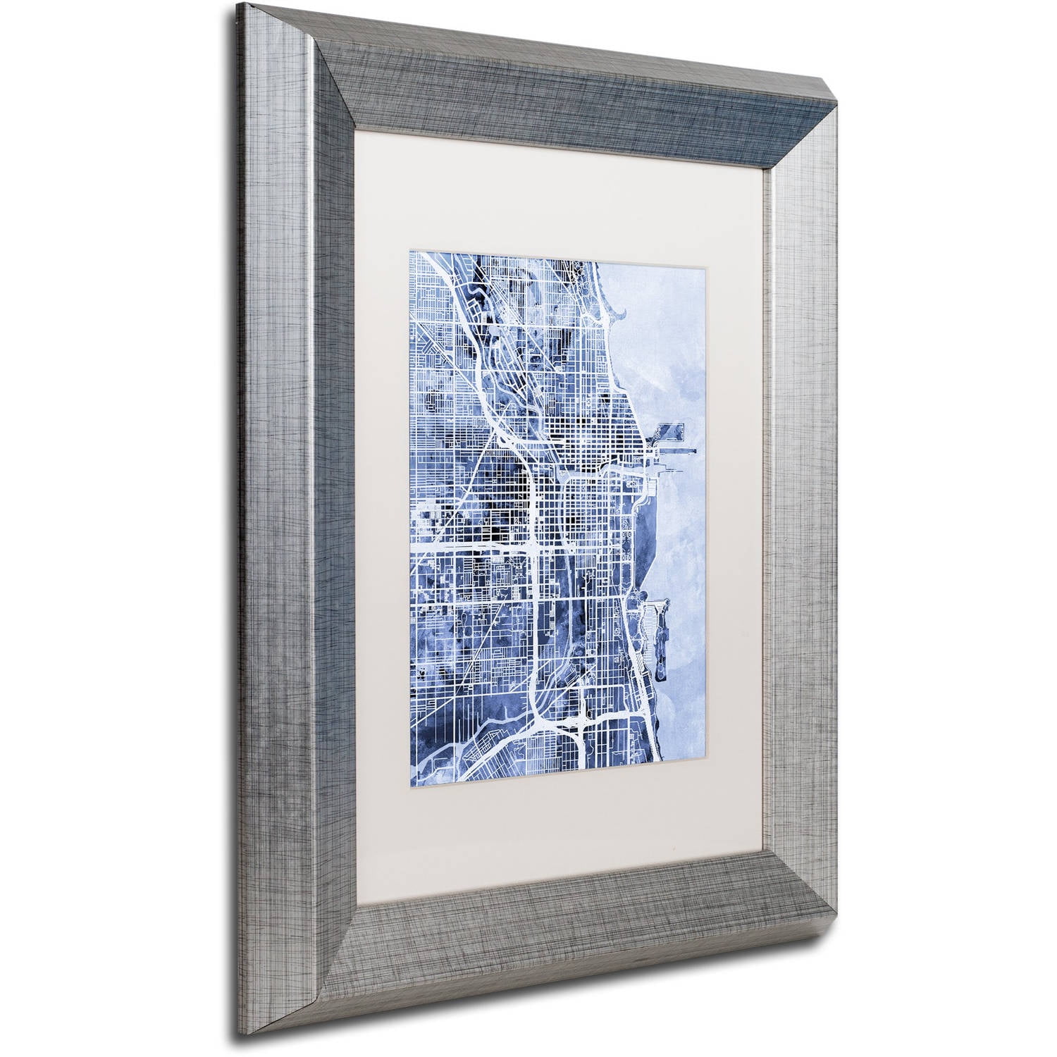 Trademark Fine Art "Chicago City Street Map B&W" Canvas Art by Michael Tompsett, White Matte, Silver Frame