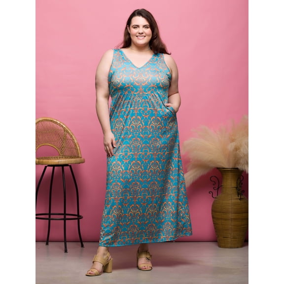 Plus Size Abstract Sleeveless Pocket Maxi Dress