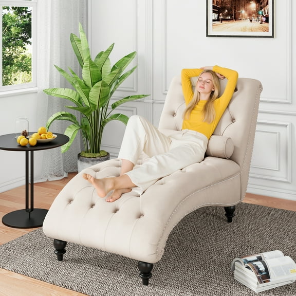 FFH Chaise Lounge Indoor, Velvet Button-Tufted Chaise Lounge Chair with Bolster Pillow, Beige