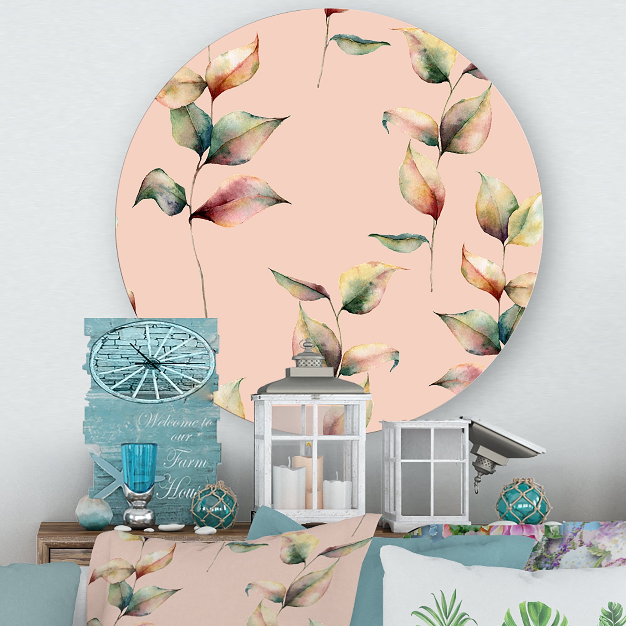 Designart 'Autumn Pink Leaves with Branch On Pastel Colors' Traditional Circle Metal Wall Art 11x11 - Disc of 11