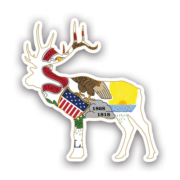 Illinois Deer Shaped Flag Sticker Decal - Self Adhesive Vinyl - Weatherproof - Made in USA - v2 il stag hunter hunting archery antlers outdoors explore