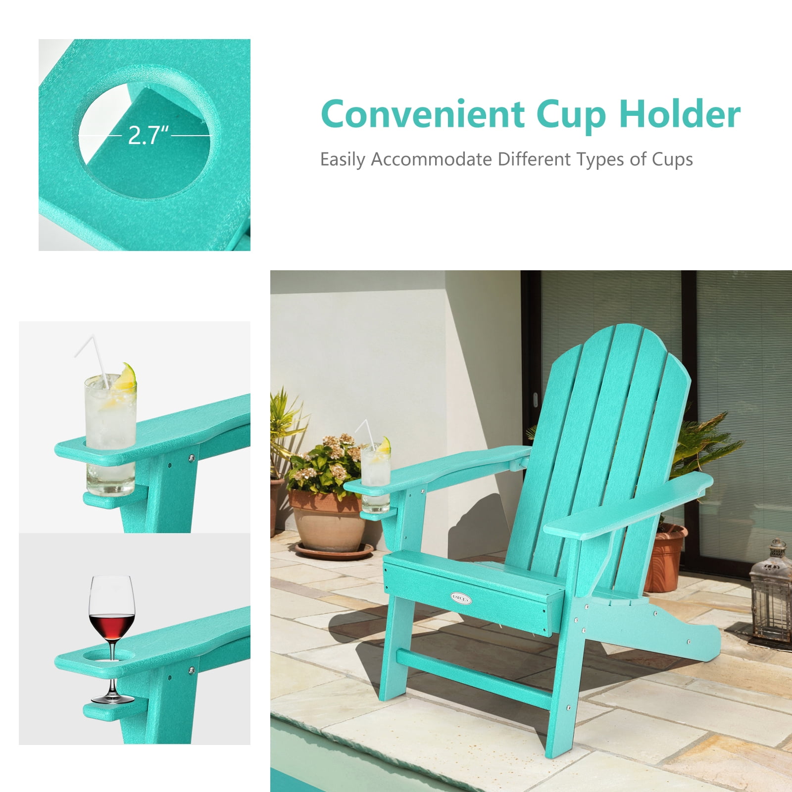 Patiojoy Adirondack Chair Outdoor with Cup Holde Weather Resistant Lounger Chair for Backyard Garden Patio and Deck Turquoise