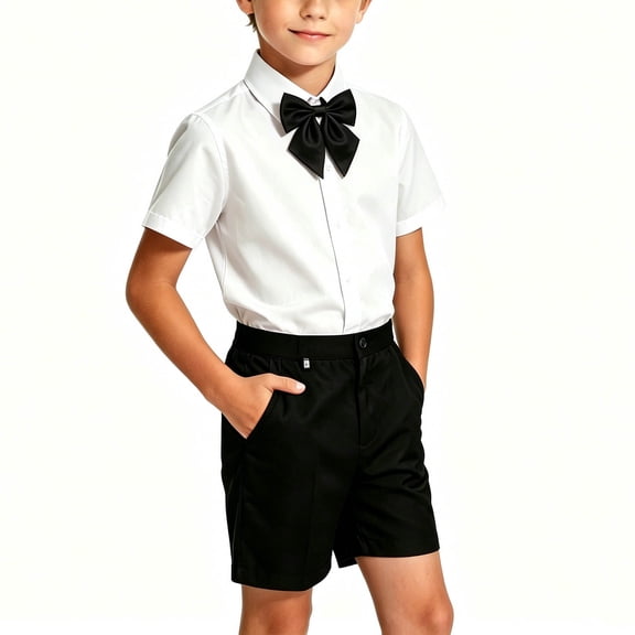 hoksml Boys Short Sleeve Shirt and Shorts Set with Bow Tie or Neck Tie, Back to School Outfit for Kids, Breathable Cotton, Soft Stretchy 3PCS