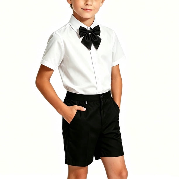 Odeerbi Niños 3 Piezas Caballero Traje Formal Preppy Vestido de Manga Corta Camisa de Vestido y Traje Pantalones Cortos Con Corbata Colegial Conjunto de Uniforme