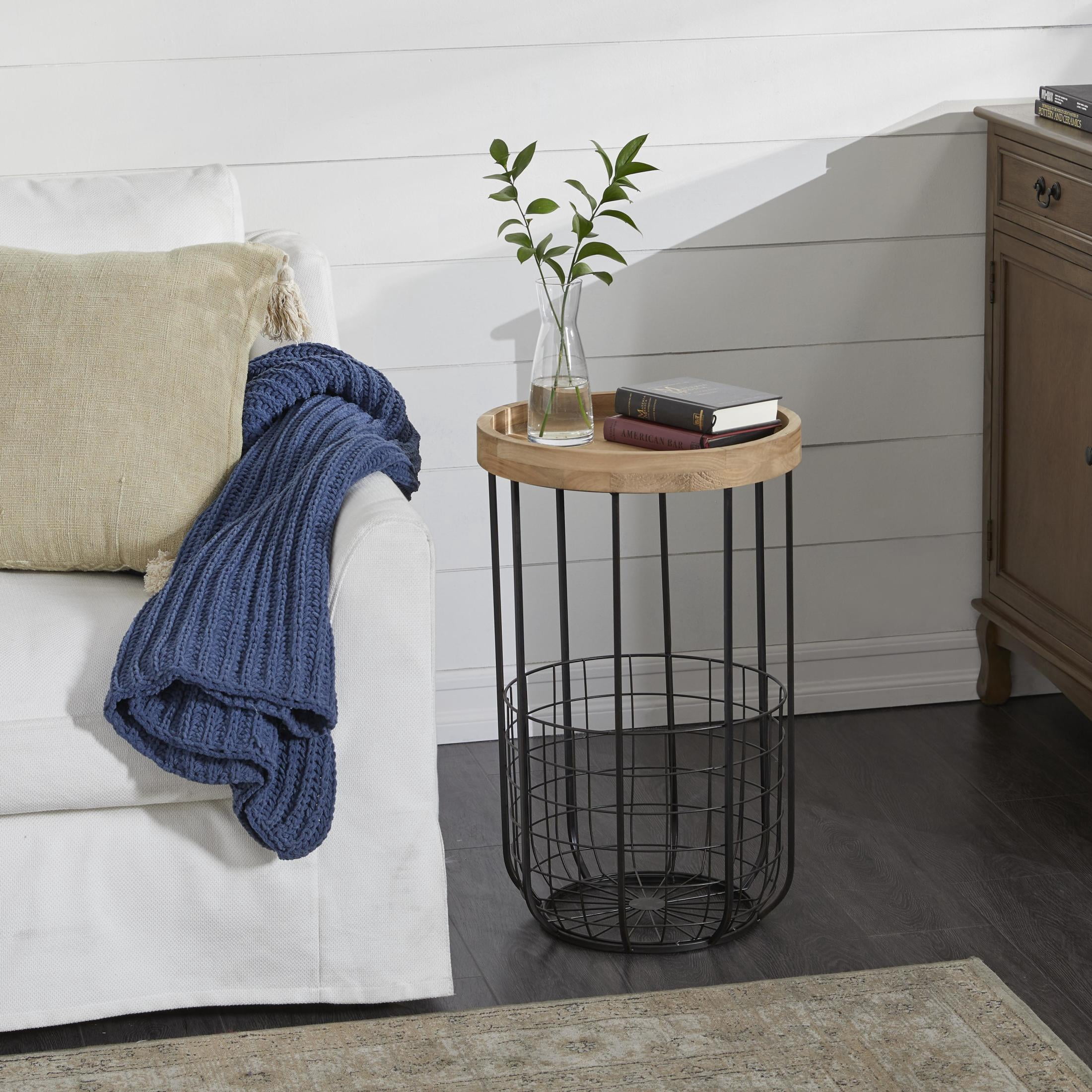 DecMode 16" x 26" Black Metal Wire Basket Storage Accent Table with Brown Wood Top, 1-Piece