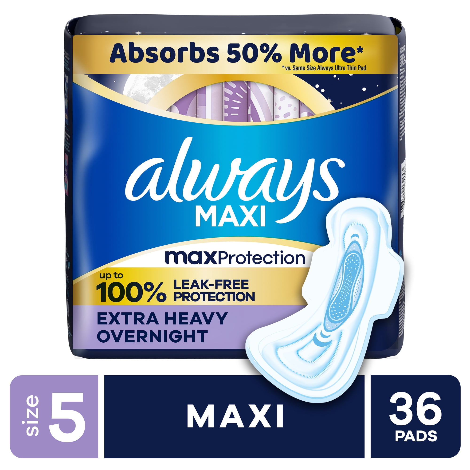 Always Maxi Pads with Wings, Size 5, Extra Heavy Overnight, 36 Count