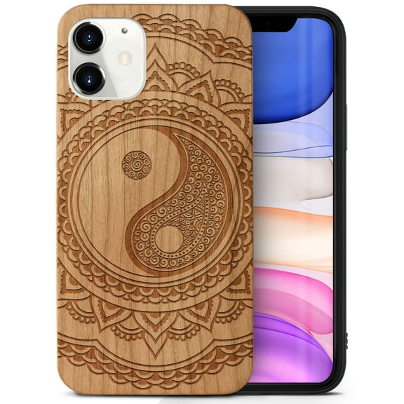 Case Yard Wooden Case Outside Soft TPU Silicone, Slim Fit Shockproof Wood Protective Phone Cover for Girls Boys Men and Women, Supports Wireless Charging Ying Yang Mandala 2 Design case for iPhone-11