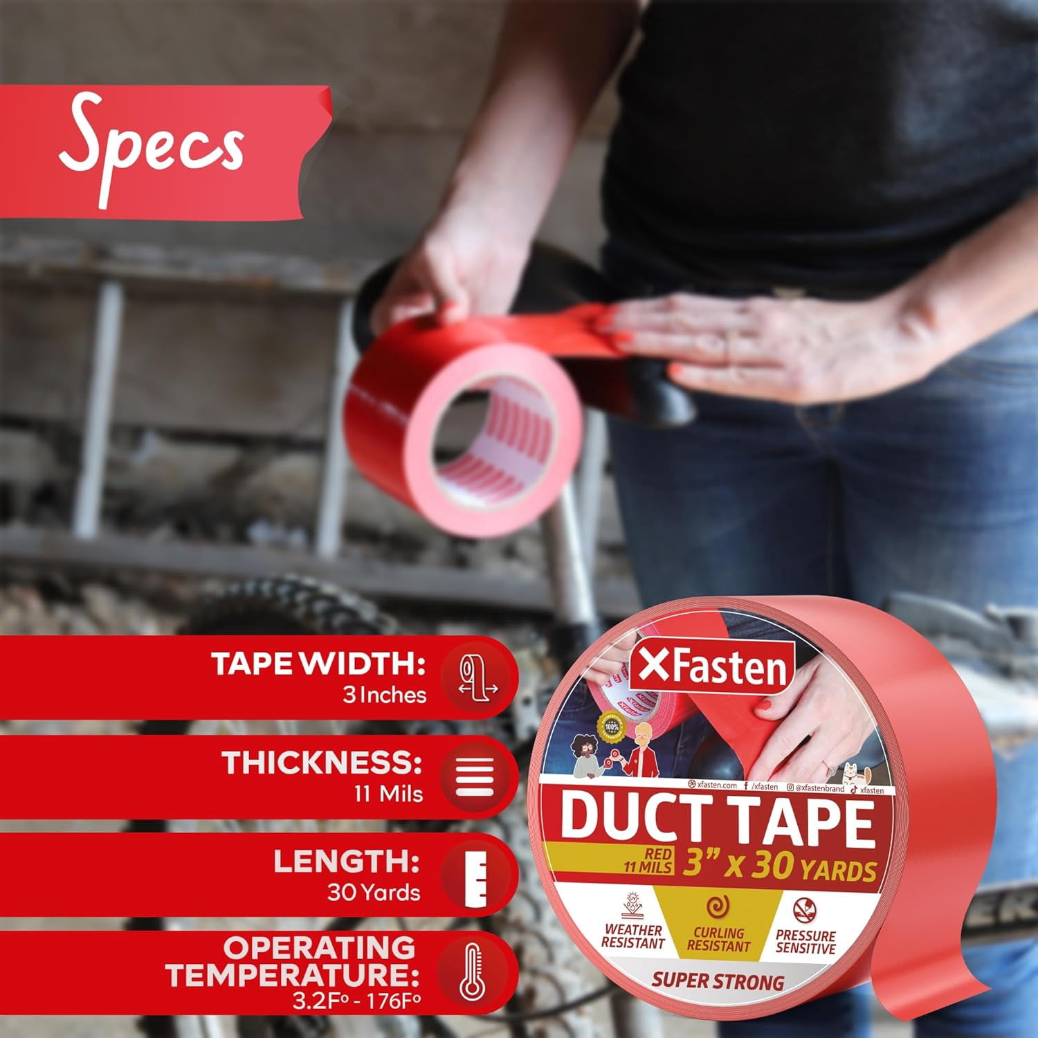 XFasten Duct Tape, Red, 3" x 30 Yards, Heavy Duty Cloth Tape