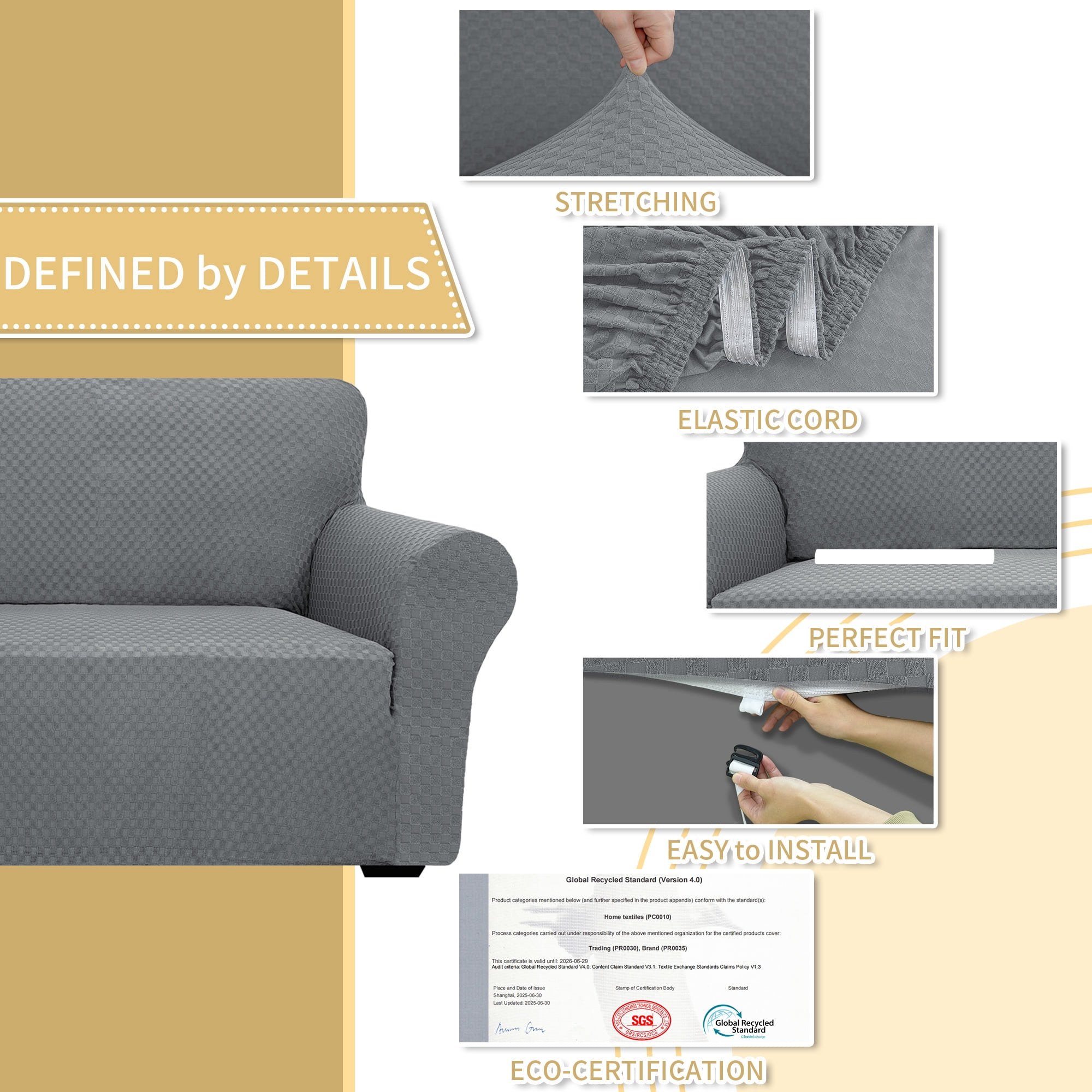 JIATER 1-Piece Sofa Cover Stretch Couch Cover Washable Sofa Slipcover Furniture Protector for 3 Cushion Sofa,Light Gray