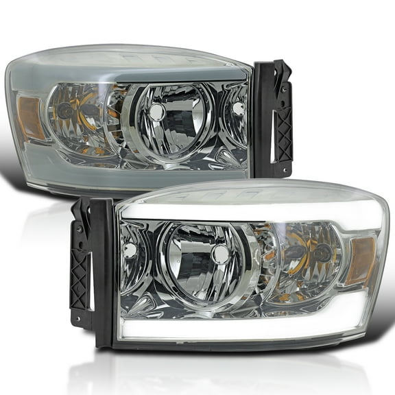 Spec-D Tuning Light Smoke Headlights with Amber Reflector and LED Strip Compatible with 2006-2008 Dodge Ram 1500 2500 3500