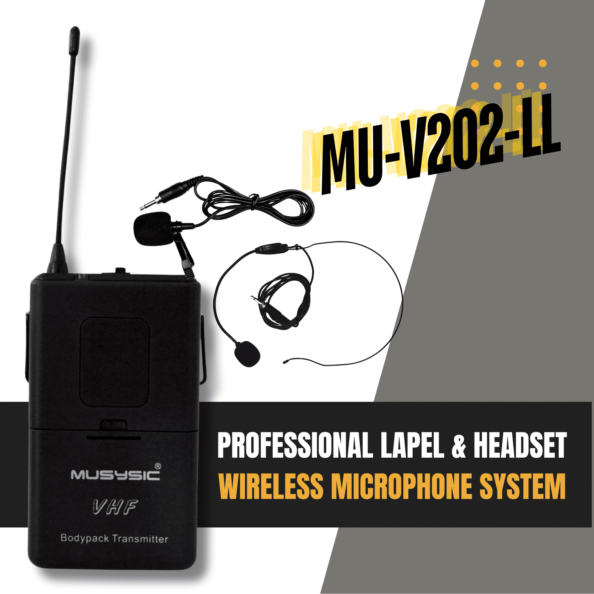 MUSYSIC MU‑V202‑LL Professional 2‑Channel VHF Wireless Microphone System – Dual Lavalier & Headset Mics, 170–250 MHz, Individual Volume Control, 120 ft Range