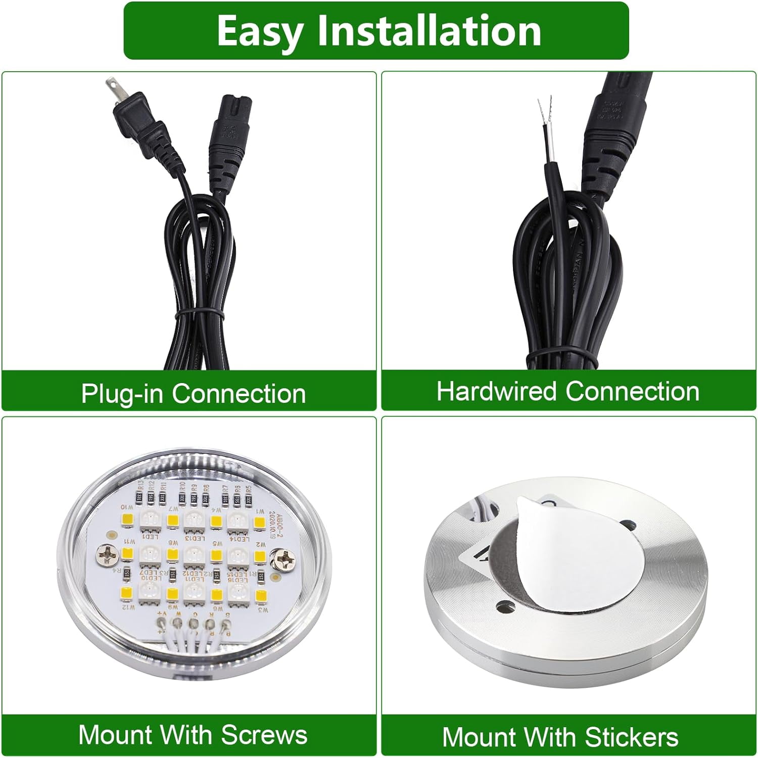 Wired LED Puck Lights - 8 Pack Multicolor RGBW Under Cabinet Lighting with Remote Control, Dimmable Display Case Lights for Cabinets, Counters, Shelves, and Showcases