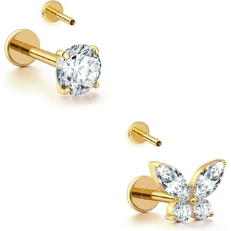 ZDE Women's Titanium Flat Back Earrings - Threadless, Hypoallergenic Cartilage Studs For Sensitive Ears (3mm/4mm/5mm, Silver/Black/Gold/Pink)