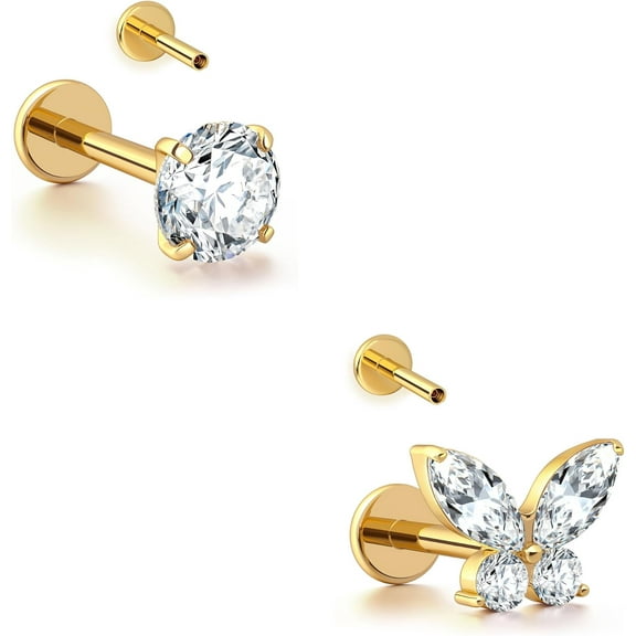 16G Gold Stud Earrings Flat Back - G23 Titanium Internal Thread Clear CZ Cartilage Earrings for Women