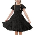 thumbnail image 2 of BRGZLK Girl's Summer Dress Cute Solid Short Sleeve Round Neck Waist Cinched Dress Princess Dress A-Line Casual Swing Midi Dress Black 12-13 Years, 2 of 7