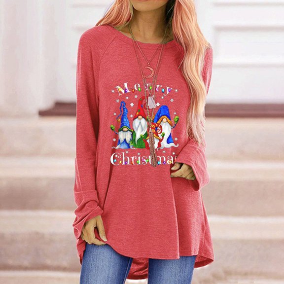 AOOCHASLIY Valentine's Women Gift Blouse Women's Casual Round Neck Christmas Long Sleeve Print T-Shirt Top Blouse