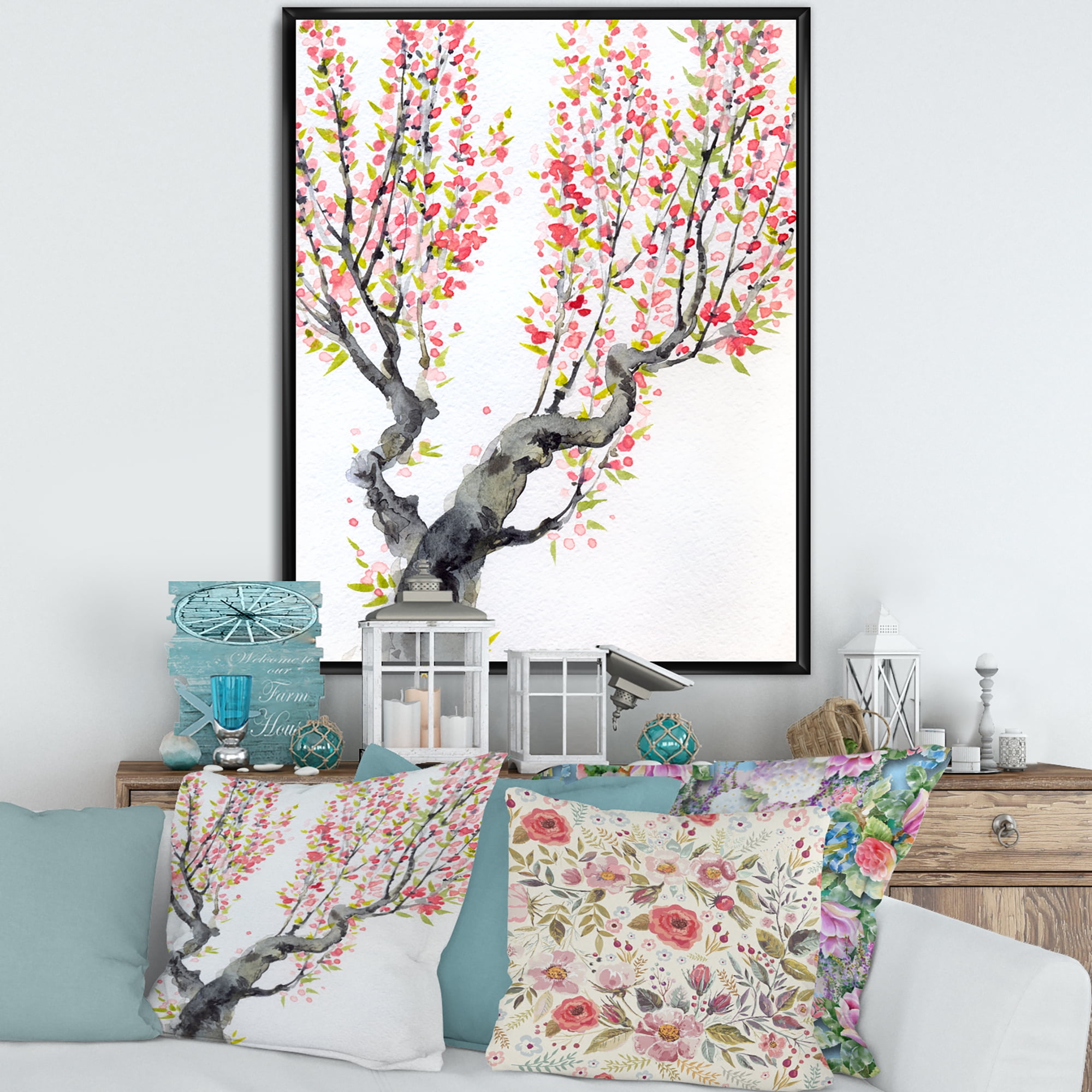 Designart 'Red Spring Flowers On Tree Branches' Traditional Framed Canvas Wall Art Print