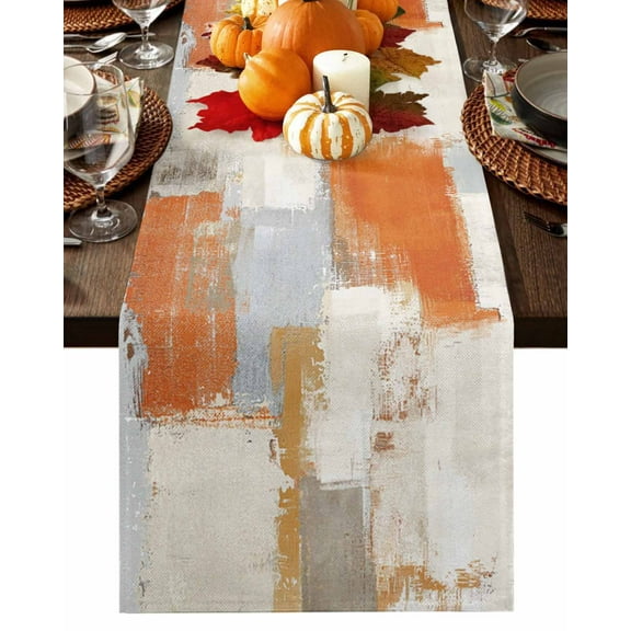Fall Table Runner Thanksgiving Orange Gray Beige Block Table Runners Abstract Art Cotton Linen Dresser Scarf Kitchen Dining Table Decor for Fall Holiday Party Decor 13x90 Inch