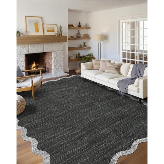 6x9 Washable Non Slip Scalloped Area Rug for Living Room Bedroom Dining Room Black