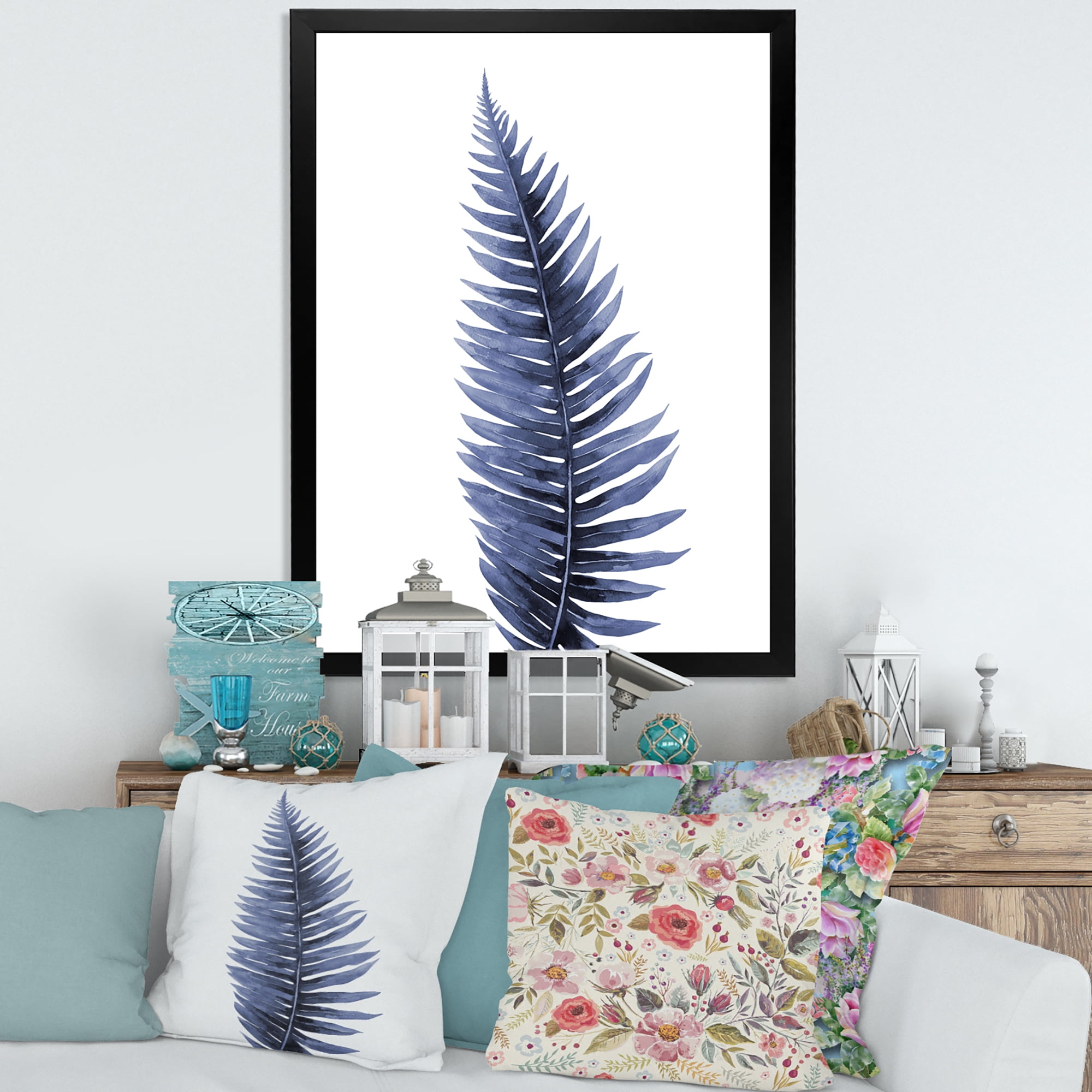 Designart 'Tropical Blue Watercolour Leaves On White' Bohemian & Eclectic Framed Art Print