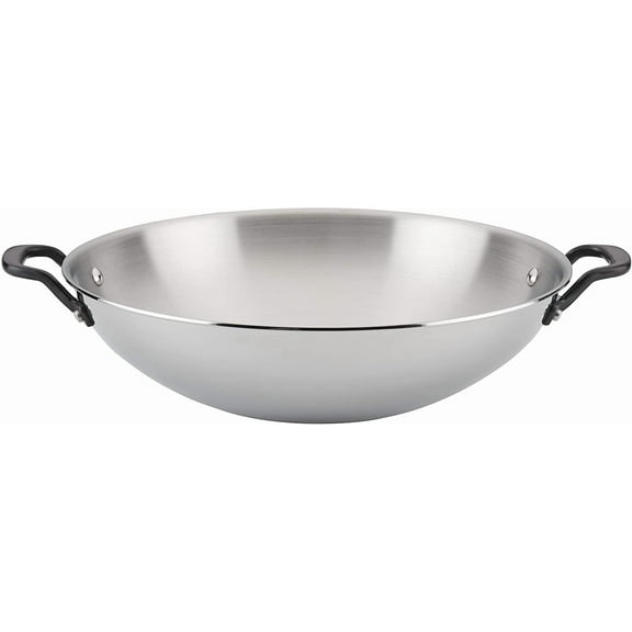 5-Ply Clad Polished Stainless Steel Wok, Induction Compatible, Dishwasher Safe, 15 Inch Open Stir-Fry Pan