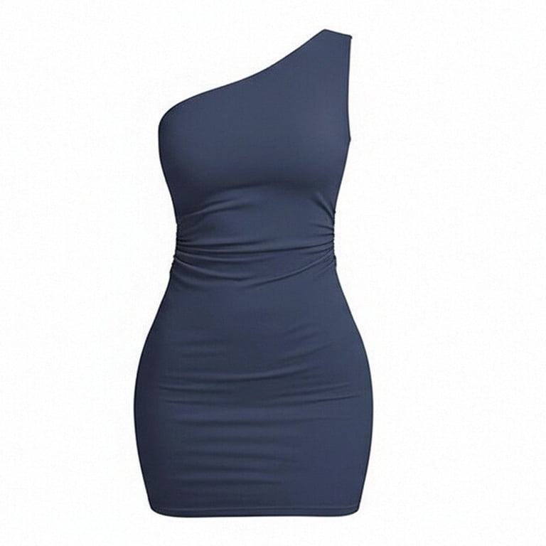 blue ruched bodycon mini dress VBVC Women's One Shoulder Dress,Ladies Sleeveless Slim Fit Cocktail Party Dress,Stretchy Casual Clubwear Short For Women,Blue,S-2XL 25 Denim Jacket Outfit summer dresses Micro mini bodycon silhouette Color:PALE BLUSH