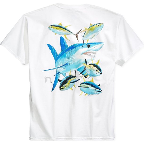 Camiseta gráfica Guy Harvey con bolsillo de tiburón Mako para hombre blanca pequeña