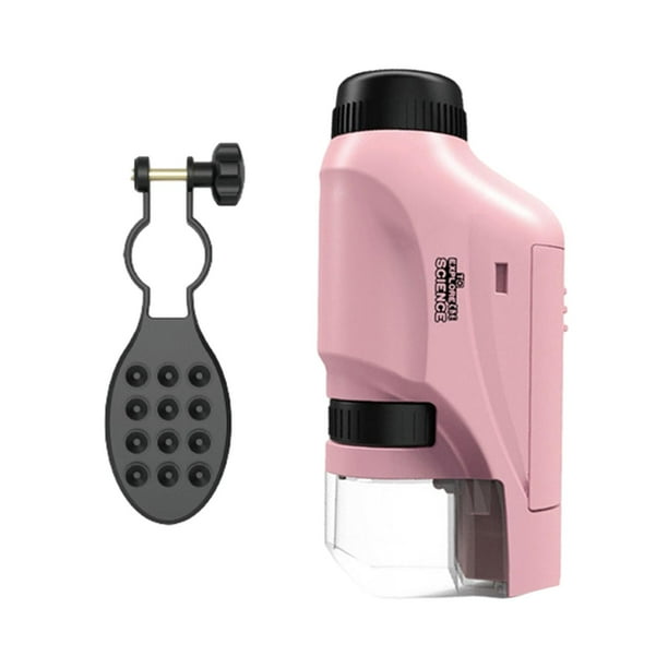 Microscopio óptico para niños, microscopio portátil de bolsillo de alta definición rosa con soporte