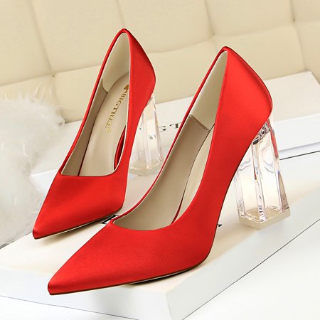 

Women‘s Faux Satin High Heels Pointed Closed Anti-slip Chunky Heeled Pumps Party & Court Shoes