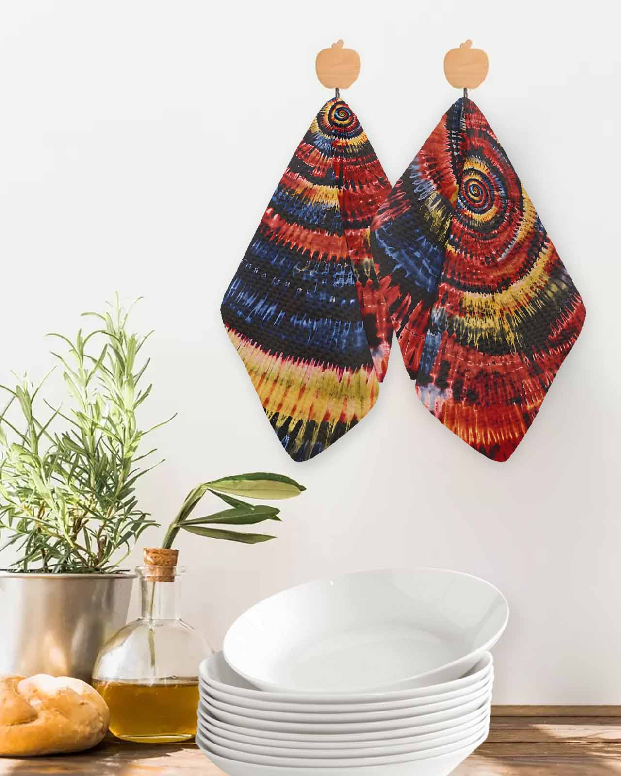 Red Yellow Blue Kitchen Dish Towels for Drying Dishes Set of 4, Ethnic Geometric Art Modern Abstract Waffle Weave Microfiber Terry Hand Tea Bathroom Towels Quick Dry & Absorbent Towel 12x12