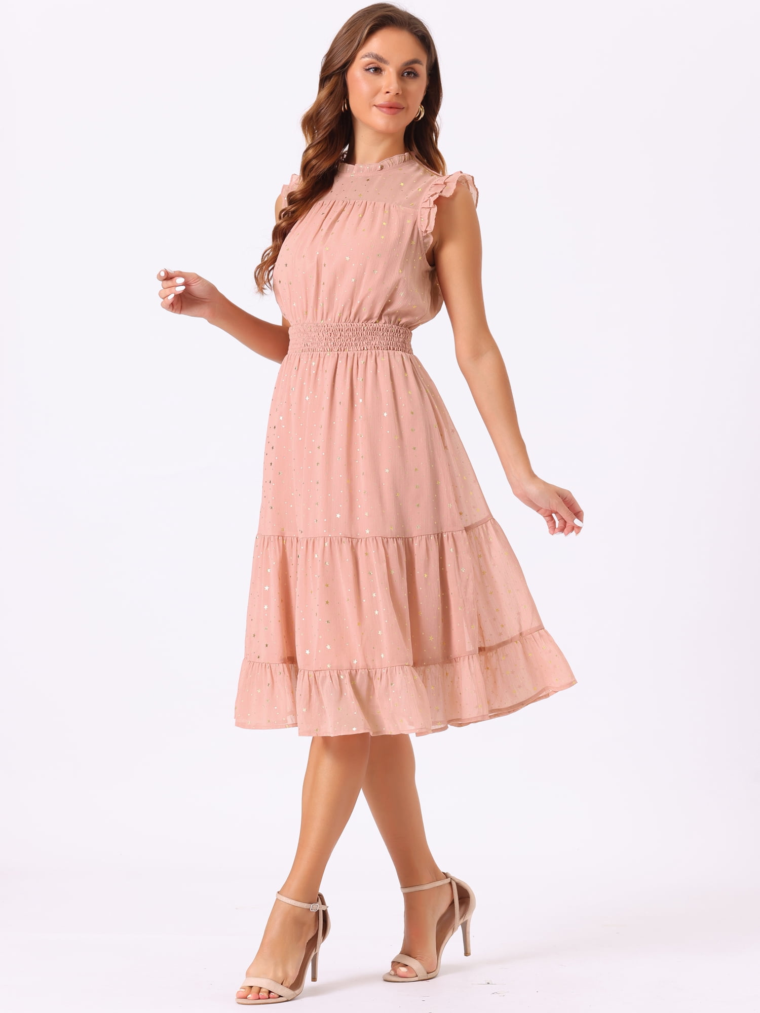 DARING DIVA Smocked Waist Gilding Metallic Stars Chiffon Dress XS Dusty Pink