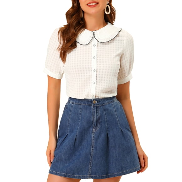 BLUSA DE BOTONES CON CUELLO PETER PAN Y VOLANTES DE GINGHAM PARA MUJERES INSPIRE CHIC XL BLANCA