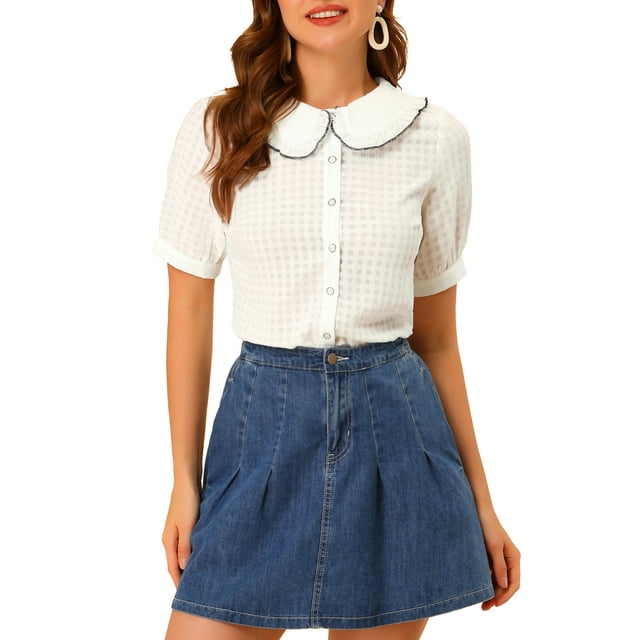 INSPIRE CHIC Women's Peter Pan Collar Ruffled Trim Gingham Button Down Blouse M White