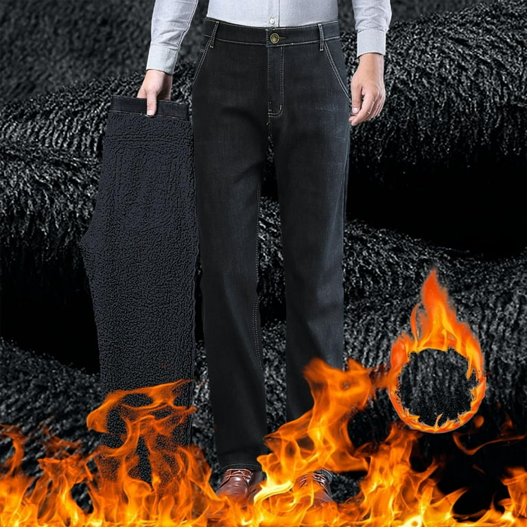 Mens Jeans Fall Winter Fleece Lined Thickened Warm Denim Pants