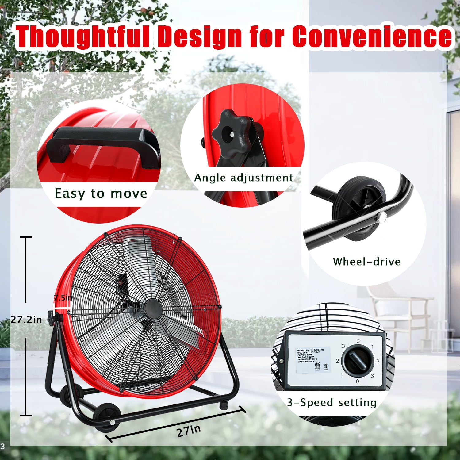 Industrial Fans 24" up to 8800 CFM, High Velocity Fan with 3 Speeds, Heavy Duty Blower Fan Equipped 360° Tilt Air Circulator Recommended Use in Warehouse, Garage, Yard, Red