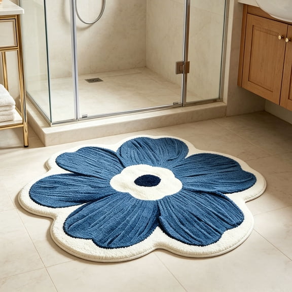 23.6x23.6In Flower Shape Bathroom Floor Mat Soft Absorbent Non Slip Bath Rug Decorative Washable For Vanity Shower Tub