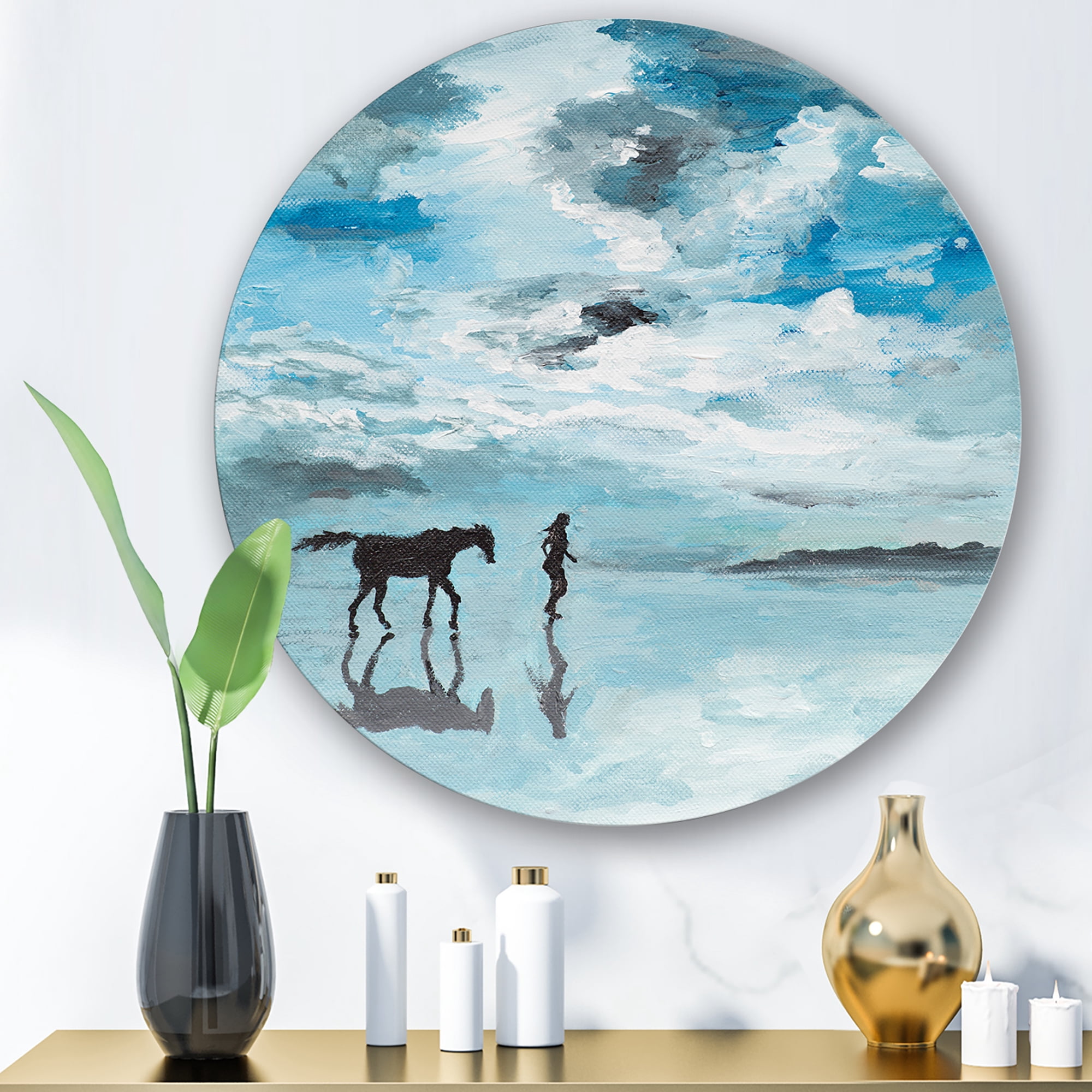 Designart 'Peaceful Scene Of Horse and Man Running By The Water' Farmhouse Circle Metal Wall Art 11x11 - Disc of 11