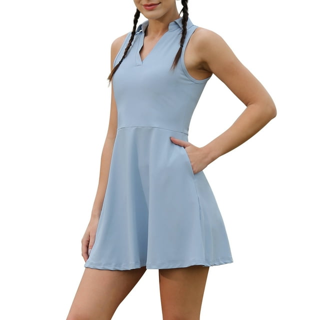 ZAXARRA Ensemble de Robe de Tennis pour Femmes, Mini Robe Sans Manches avec Shorts Tenue de Golf Athlétique d'Été
