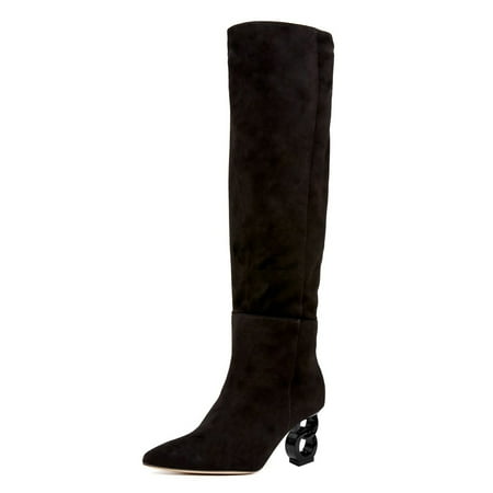 FSJ Women Trendy Pointed Toe Medium Chain Heel Knee High Boots Stretch Side Zipper Evening Work Outfit Shoes Size 7 Black