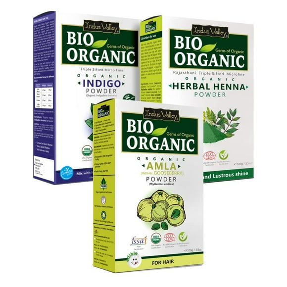 Indus Valley Bio Organic Natural And Pure Indigo Powder | Indigofera Tinctoria, Herbal Henna Powder With Amla Powder | Indian Gooseberry For Hair Care - (100G*3=300G) Combo