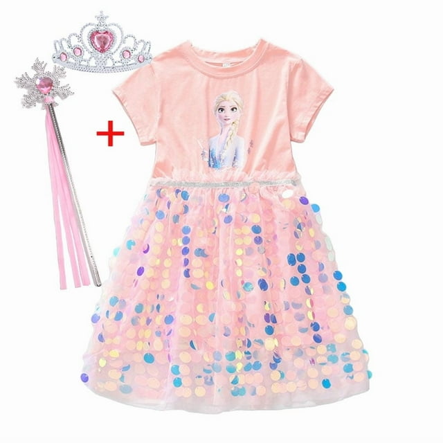 Vêtements d'Été pour Enfants Frozen 2 Dessin Animé Elsa Anna Imprimé Robe Costume Décontracté Motif Princesse Mignon Tenue Quotidienne Robe Pailletée