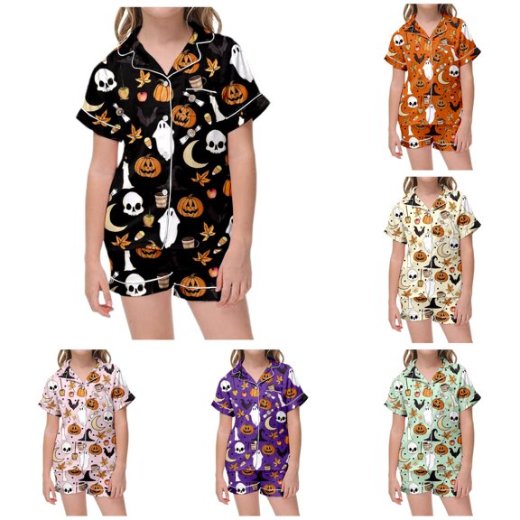 MEZZALL Kids Halloween Pumpkin Pattern PJs Set Lapel Collar Short Sleeve Shirt Tops Elastic Waist Shorts Girls Nightwear Trendy Pajamas Sets
