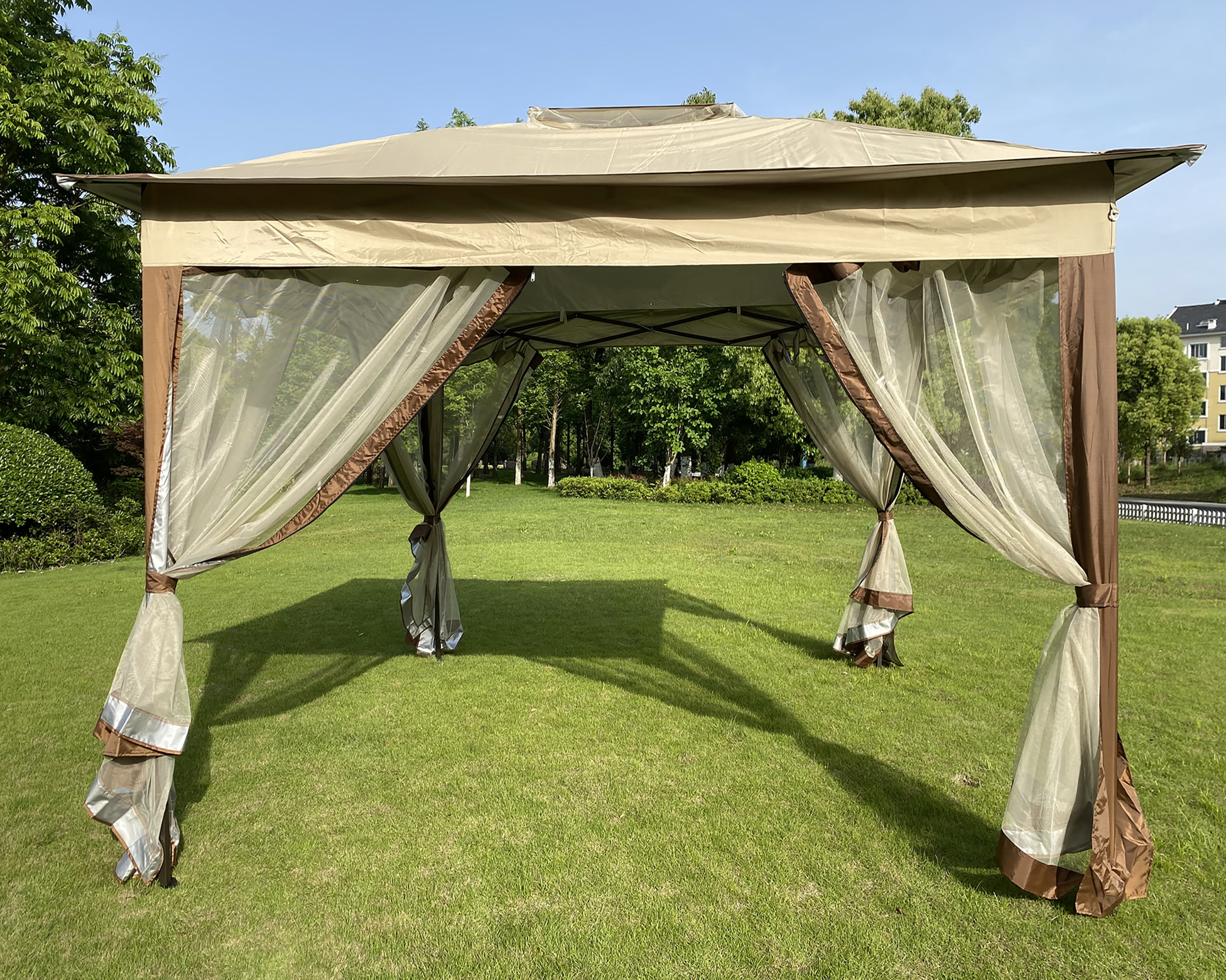 Outdoor 11x 11Ft Pop Up Gazebo Canopy With Removable Zipper Netting,2-Tier  Soft Event Tent,Suitable For Patio Backyard Garden Camping Area,Coffee