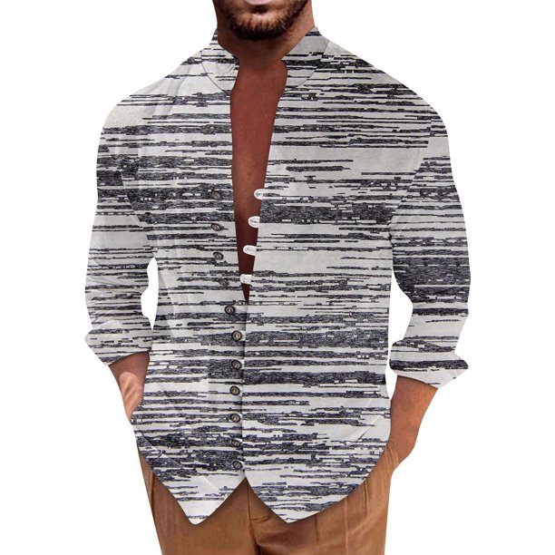 Men'S Retro Casual Loose Fitting Long Sleeved Printed Shirt Fashion Standing Collar TopXL
