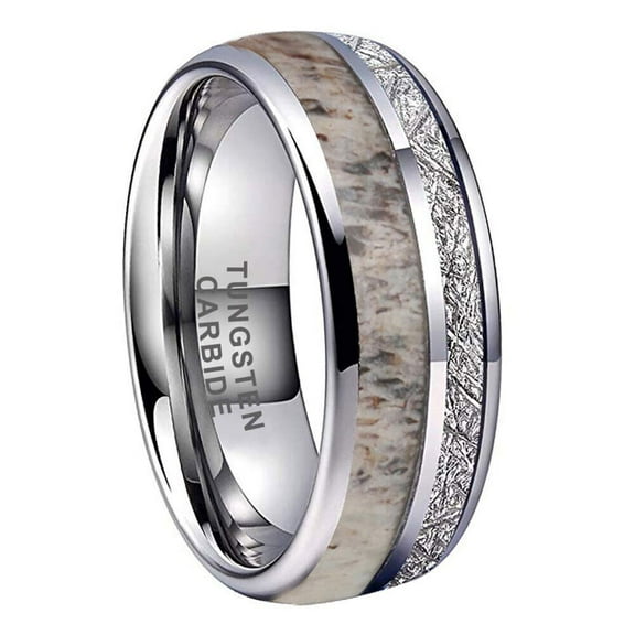 Wedding Rings Men Women 8mm Silver Tungsten Wedding Band Antler & Meteorite